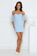Elegant Light Blue Bodycon Off-Shoulder Sweetheart Puffy Sleeve Zipper Back Mini Homecoming Dresses