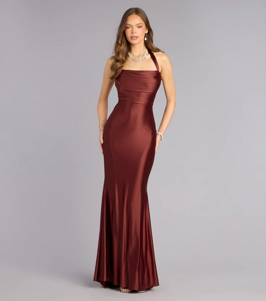 Burgundy Satin Mermaid Halter neckline Back Zip Floor-Length Dress