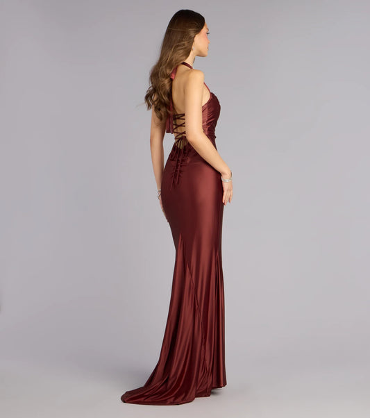 Burgundy Satin Mermaid Halter neckline Back Zip Floor-Length Dress