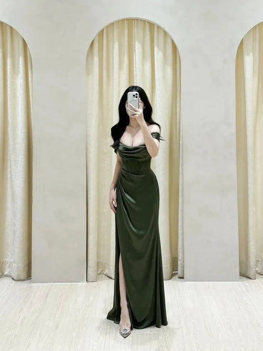 Elegant Mermaid Off‑shoulder Short‑sleeve Solid‑back Floor‑length Slit Prom Dress