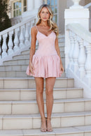 Elegant Pink Textured A-Line V-Neck Spaghetti Strap Low Back Mini Homecoming Dress