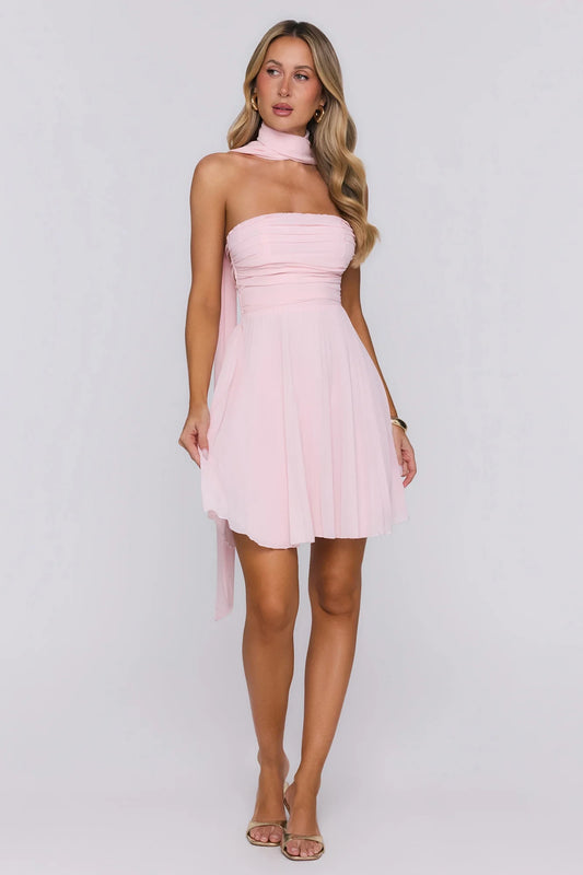 Pink Chiffon A-Line Straight Neck Short Dress