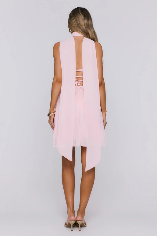 Pink Chiffon A-Line Straight Neck Short Dress