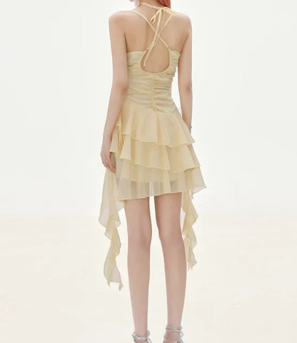 Elegant Ruched A-Line Halter Sleeveless Open Back Asymmetrical Tiered Mini Homecoming Dresses