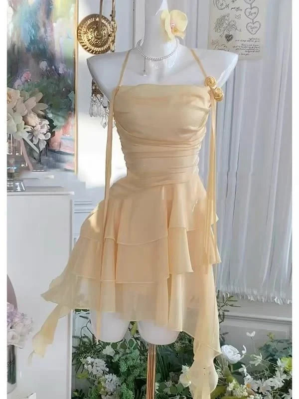 Elegant Ruched A-Line Halter Sleeveless Open Back Asymmetrical Tiered Mini Homecoming Dresses