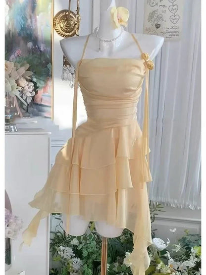 Elegant Ruched A-Line Halter Sleeveless Open Back Asymmetrical Tiered Mini Homecoming Dresses