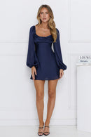Elegant Ruched Bust Square Neck Long Balloon Sleeve Square Back Mini A-line Homecoming Dresses