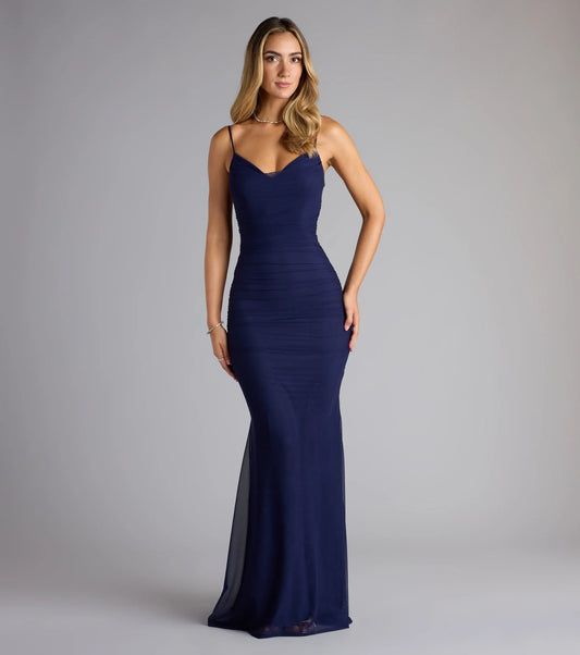 Navy Blue Mesh Sheath/column Sweetheart Back Zip Floor-Length Dress