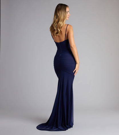 Elegant Ruched Fitted Trumpet Cowl Neck Spaghetti Strap Open Back Floor-Length Prom Dresses