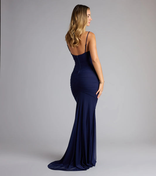 Navy Blue Mesh Sheath/column Sweetheart Back Zip Floor-Length Dress