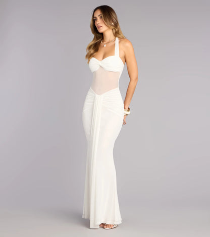 Elegant Ruched Halter Sweetheart Sleeveless Open Back Floor-Length Mermaid Prom Dresses
