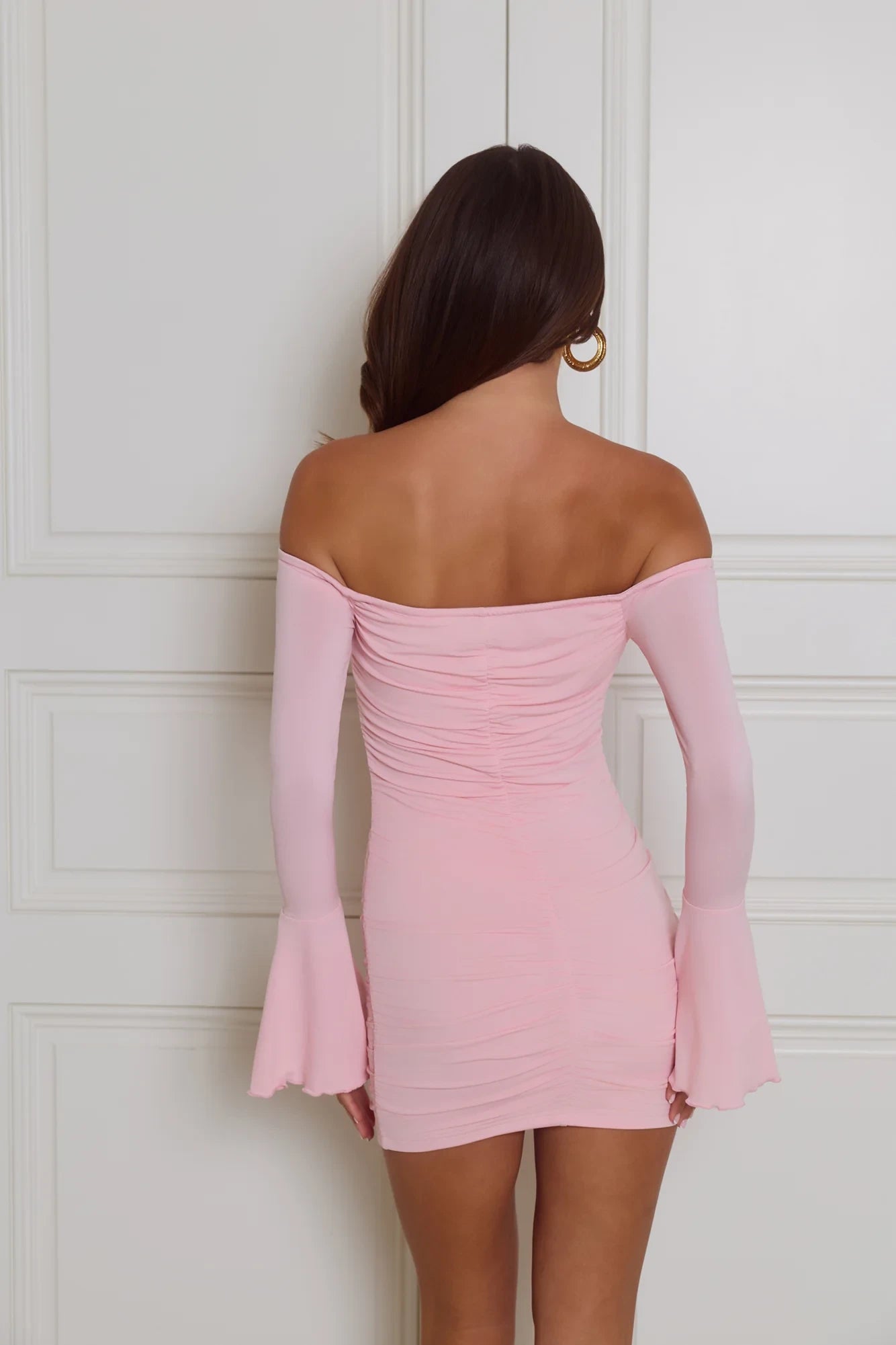 Elegant Ruched Off-Shoulder Long Flared Sleeve Fitted Mini Homecoming Dresses