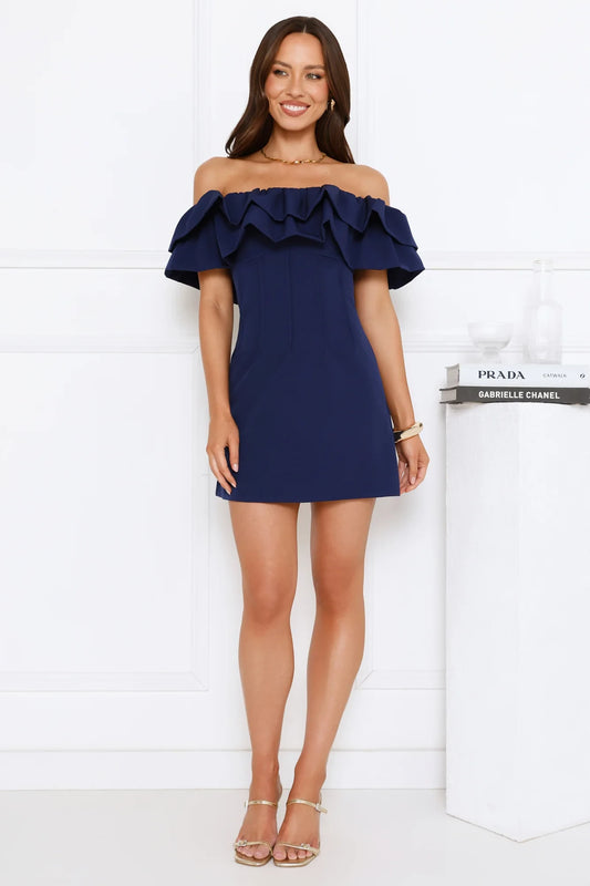 Dark Navy Crepe Sheath/column Off-the-Shoulder Back Zip Short Dress