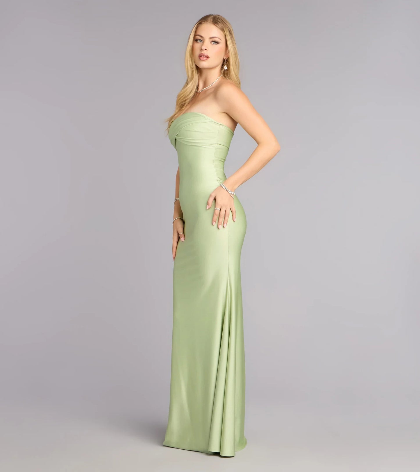 Elegant Sage Green Mermaid Strapless Draped Bodice Sleeveless Straight Back Floor-Length Prom Dresses Gown