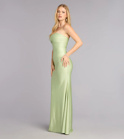 Elegant Sage Green Mermaid Strapless Draped Bodice Sleeveless Straight Back Floor-Length Prom Dresses Gown