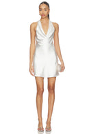 Elegant Satin A-Line Cowl Neck Sleeveless Open Back Mini Halter Tie Homecoming Dress