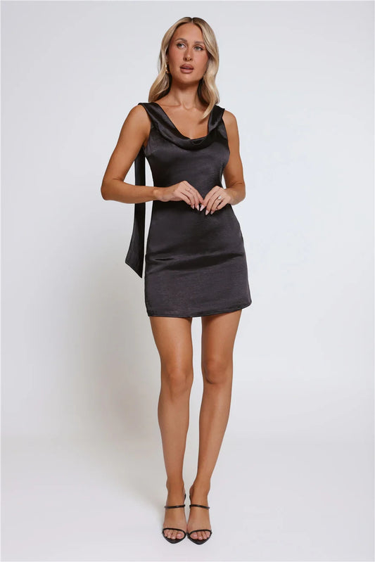 Grey Satin Sheath/column Cowl Neck Back Zip Short Dress