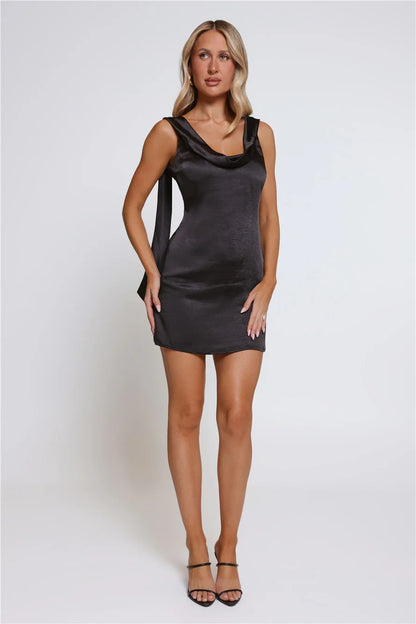 Elegant Sheath Cowl Neck Sleeveless Low V-Back Mini Homecoming Dresses with Tie Shoulders