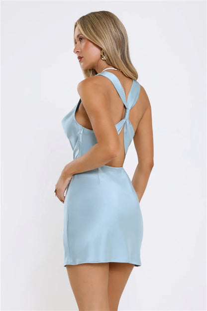 Elegant Sheath Cowl Neck Sleeveless Open Back Mini Light Blue Satin Homecoming Dresses