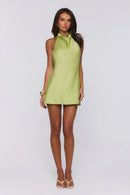Elegant Silky A-Line Cowl Neck Sleeveless Open Back Mini Homecoming Dresses with Tie Detail