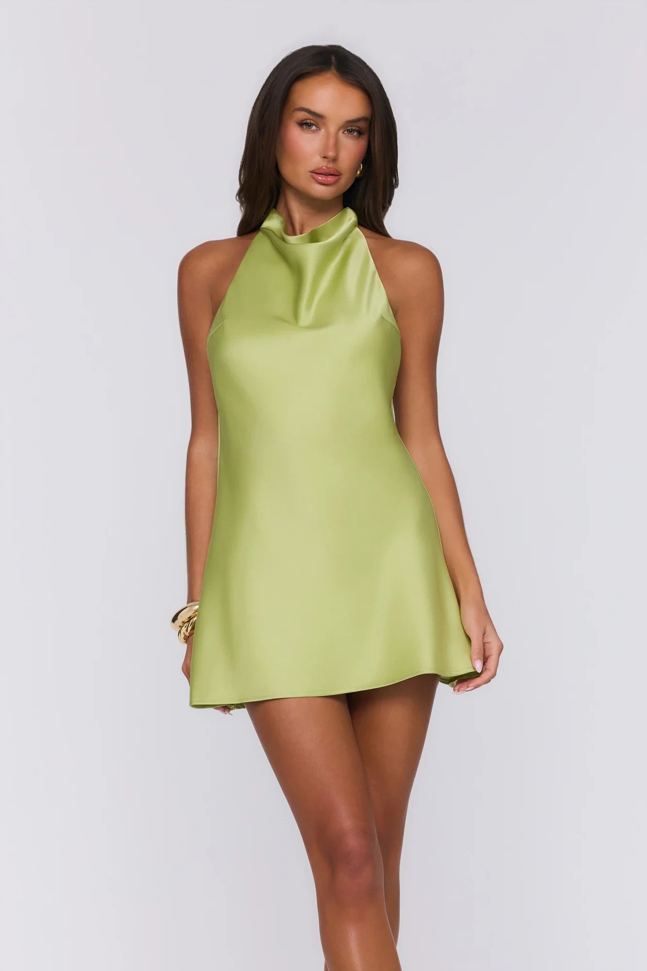 Elegant Silky A-Line Cowl Neck Sleeveless Open Back Mini Homecoming Dresses with Tie Detail