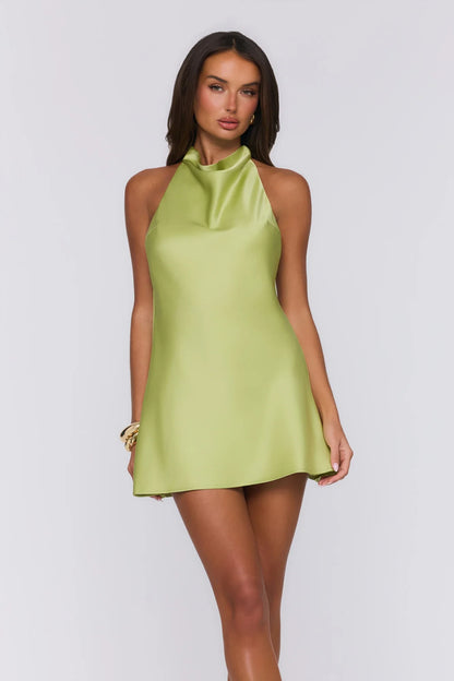 Elegant Silky A-Line Cowl Neck Sleeveless Open Back Mini Homecoming Dresses with Tie Detail