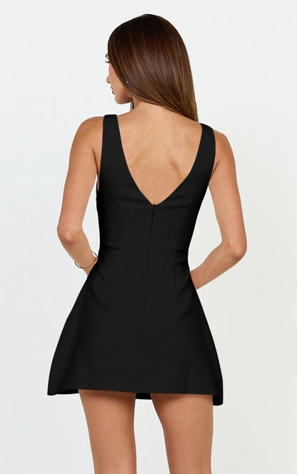 Elegant Sleeveless Boat Neck Fit and Flare Mini Homecoming Dress with Deep V-Back
