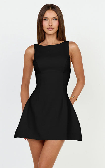 Elegant Sleeveless Boat Neck Fit and Flare Mini Homecoming Dress with Deep V-Back