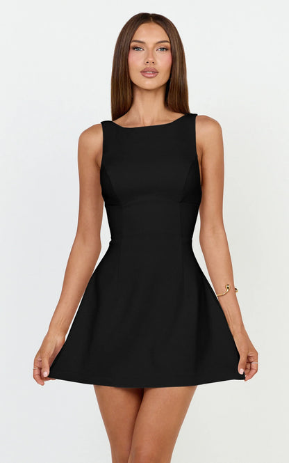 Elegant Sleeveless Boat Neck Fit and Flare Mini Homecoming Dress with Deep V-Back