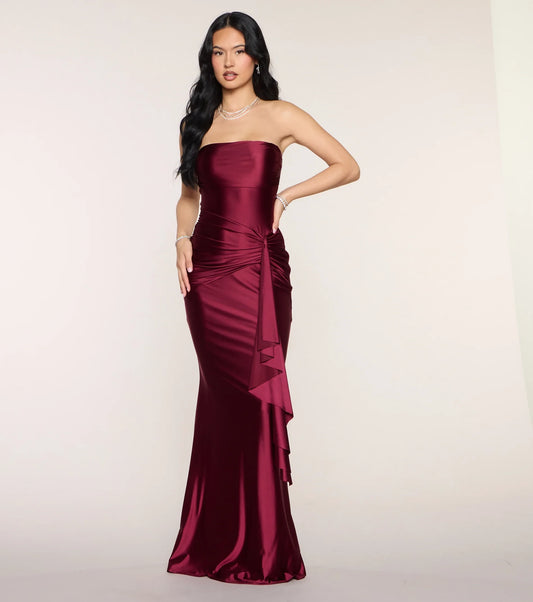 Elegant Strapless Mermaid Floor-Length Prom Dress with Ruched Side Detail and Smooth Satin Fabric