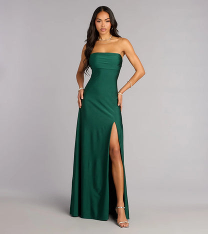 Elegant Strapless Ruched Bodice High Slit A-Line Floor-Length Prom Dress with Sleek Back