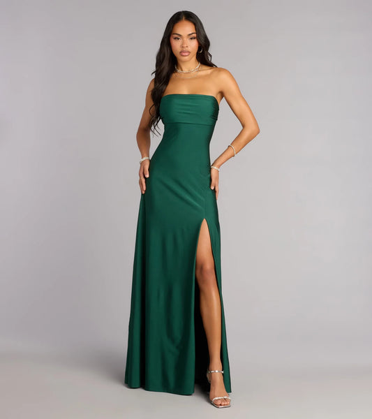 Elegant Strapless Ruched Bodice High Slit A-Line Floor-Length Prom Dress with Sleek Back