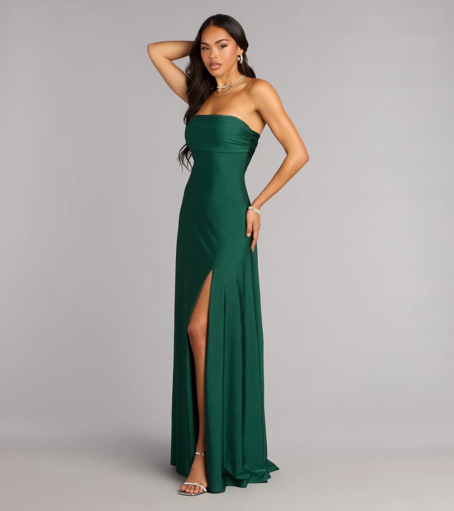 Elegant Strapless Ruched Bodice High Slit A-Line Floor-Length Prom Dress with Sleek Back