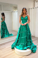 Emerald Green Satin Spaghetti Strap Tiered Ruffle A-Line Prom Dress