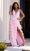 Enchanting A-Line Plunging-V Sleeveless Lace-Up-Back High-Slit Floor-Length Prom Dress