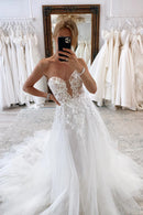 Enchanting A-Line Strapless Sleeveless Button-Back Train-Length Wedding Dress