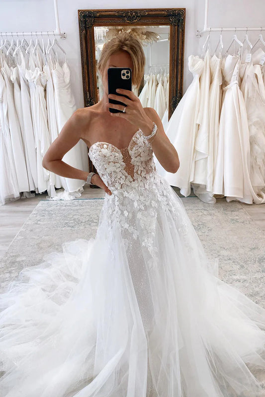 Enchanting A-Line Strapless Sleeveless Button-Back Train-Length Wedding Dress