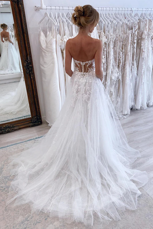 Enchanting A-Line Strapless Sleeveless Button-Back Train-Length Wedding Dress