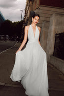 Ethereal A-Line Halter Neck Sleeveless Open Back Floor Length Wedding Dress