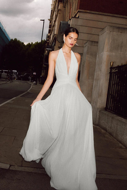 Ethereal A-Line Halter Neck Sleeveless Open Back Floor Length Wedding Dress