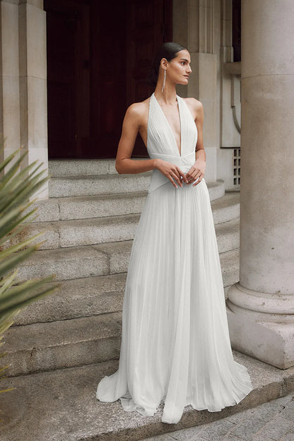 Ethereal A-Line Halter Neck Sleeveless Open Back Floor Length Wedding Dress