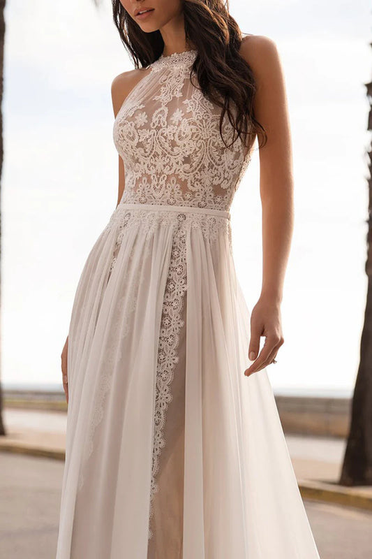 Ethereal A-Line Halter-Neck Sleeveless Open-Back Train-Length Wedding Dress