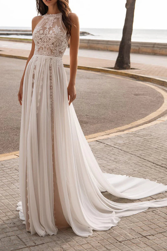 Ethereal A-Line Halter-Neck Sleeveless Open-Back Train-Length Wedding Dress