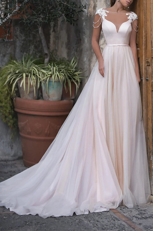 Ethereal A-Line Illusion-Neck Sleeveless Open-Back Train-Length Wedding Dress
