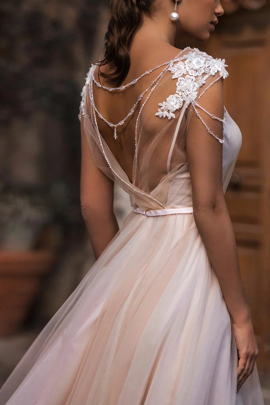 Ethereal A-Line Illusion-Neck Sleeveless Open-Back Train-Length Wedding Dress