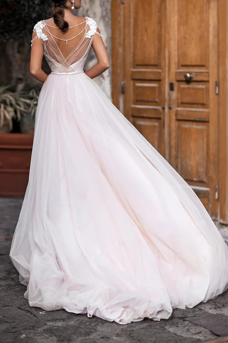 Ethereal A-Line Illusion-Neck Sleeveless Open-Back Train-Length Wedding Dress