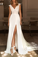 Ethereal A-Line Plunge-V-Neck Cap-Sleeve Open-Back Train-Length Wedding Dress