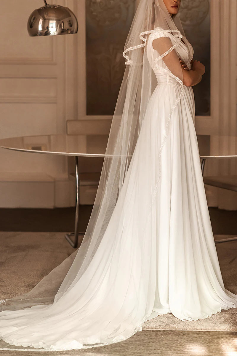 Ethereal A-Line Plunge-V-Neck Cap-Sleeve Open-Back Train-Length Wedding Dress