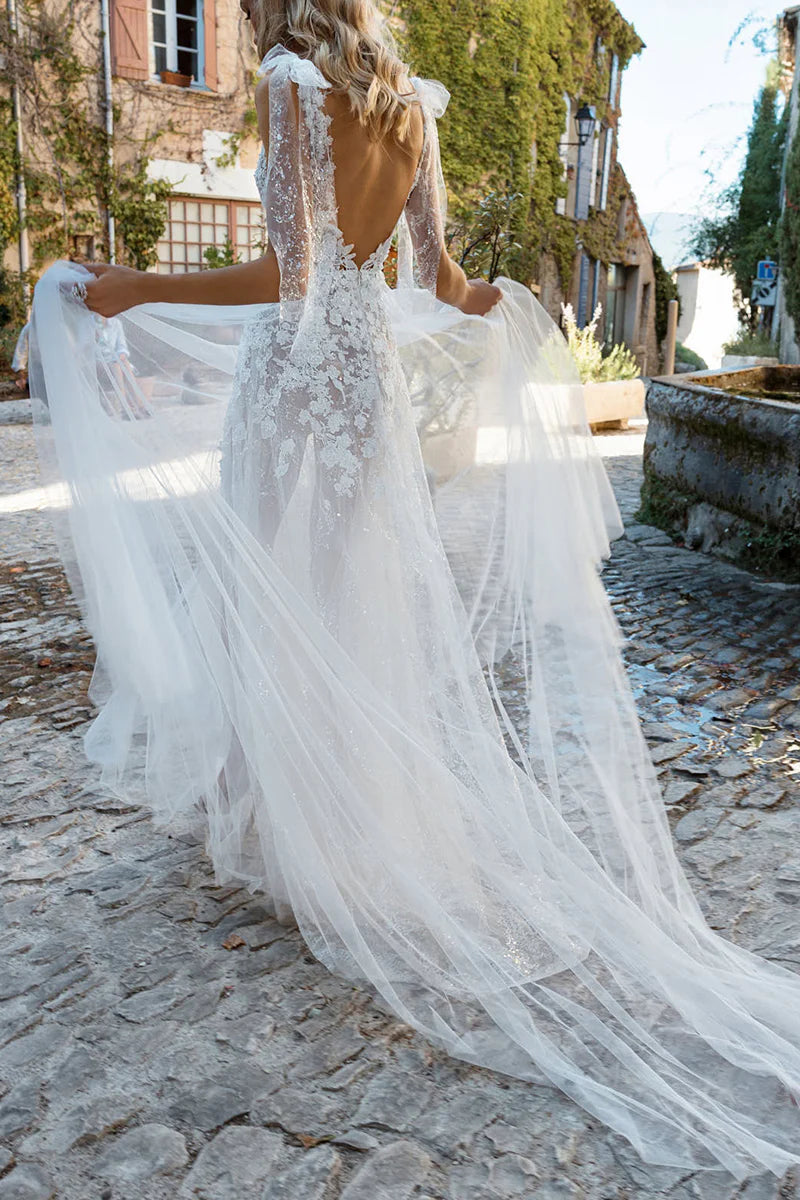 Ethereal A-Line Plunge V Neck Sheer Sleeve Lace Back Train Length Wedding Dress