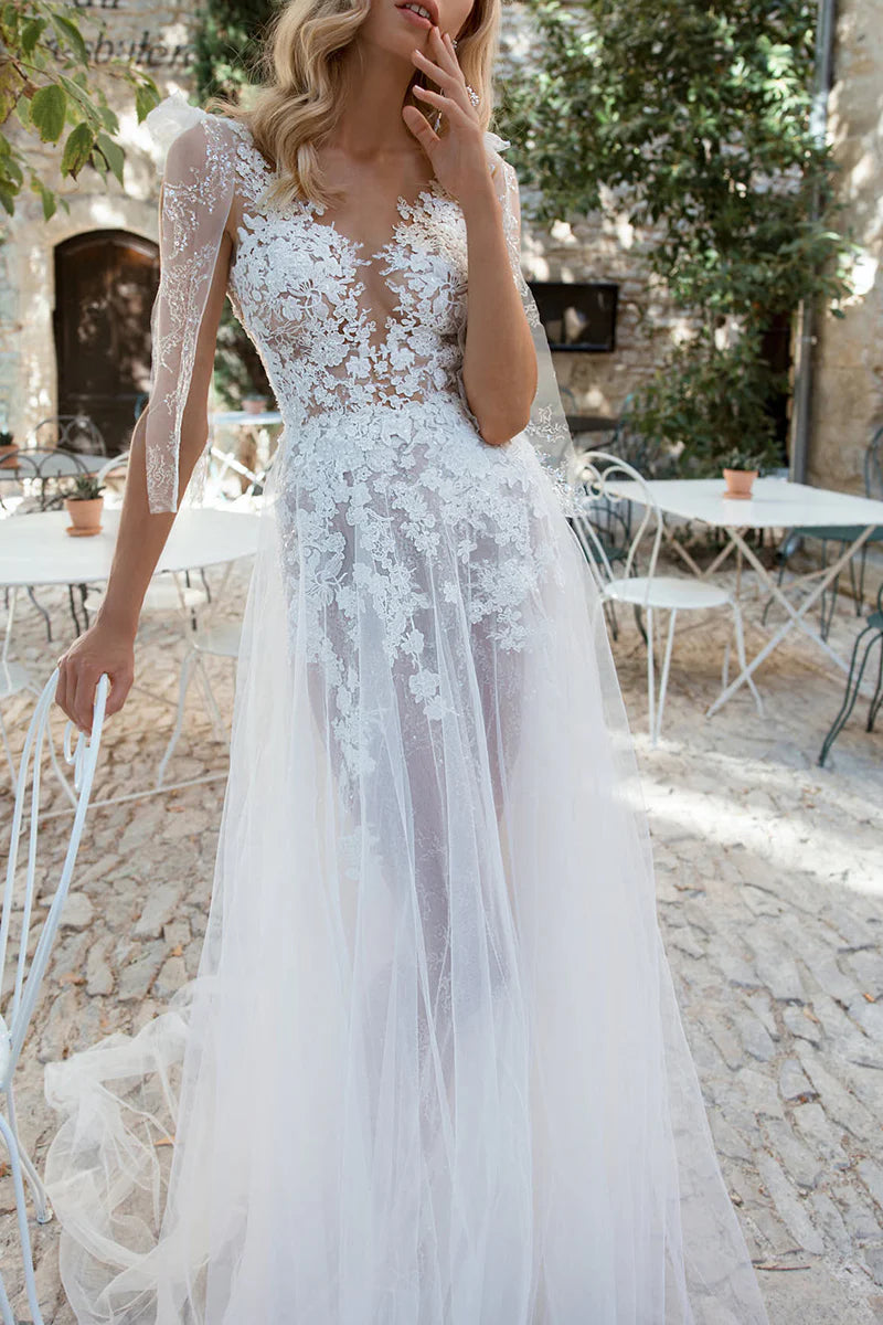 Ethereal A-Line Plunge V Neck Sheer Sleeve Lace Back Train Length Wedding Dress